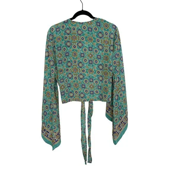 Raga Boho Tie-Front Top Size Small Sari Robe Bell Sleeve Teal NWT - Picture 4 of 4